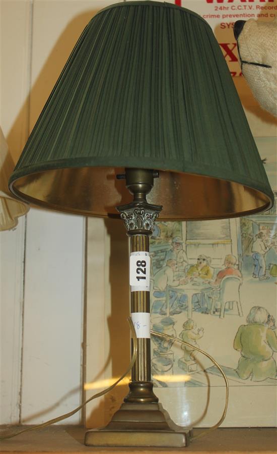 Brass column table lamp with green shade